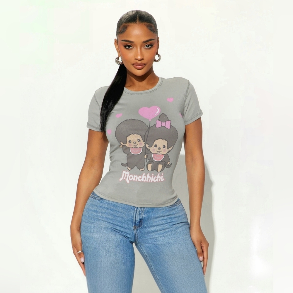 NWT Monchhichi Baby Tee Crop Top Gray Large Y2K Kawaii Sanrio Vibes